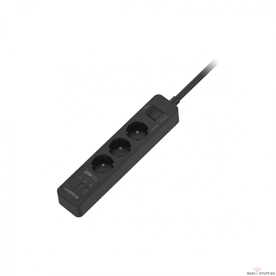 Harper Сетевой фильтр с USB зарядкой UCH-350 Black PD3.0 (3 роз.,1,5м., 2xUSB+1xType-C портами, 4000W) {H00003196}