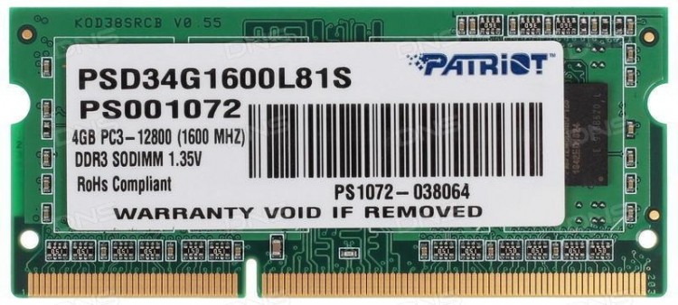 Модуль памяти для ноутбука 4GB PC12800 DDR3L SO PSD34G1600L81S PATRIOT