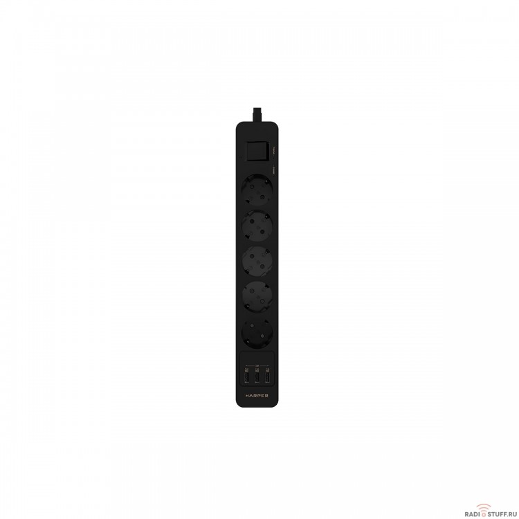 Harper Сетевой фильтр с USB зарядкой UCH-530 Black (5 роз.,1,5м.,3 x USB 2.4A (max 3.4A), 4000W) {H00003010}