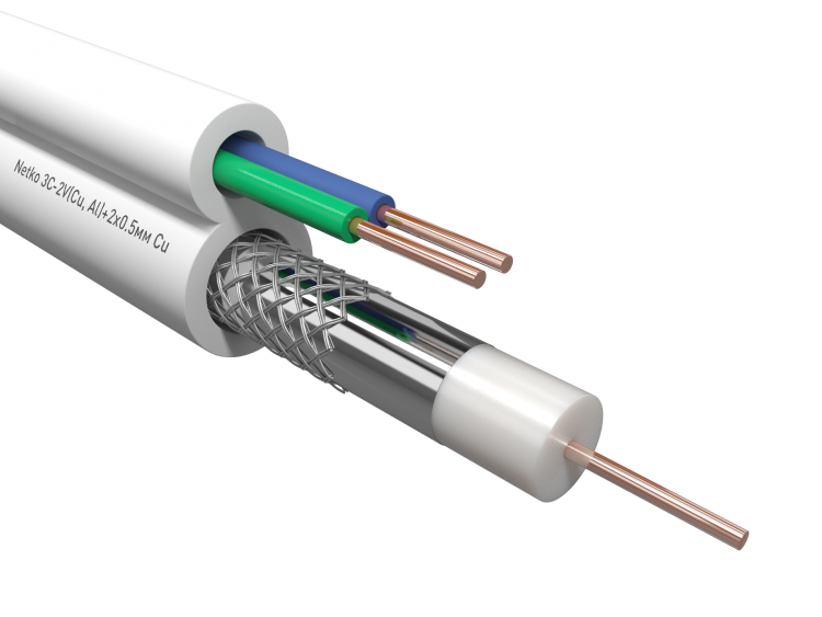 Кабель коаксиальный Netko 3C-2V, 75 Ом (CU, оплетка 32 нити AL) + кабель питания 2x0.5мм (CU, одножильный), аналог ККСВ, белый (100м)