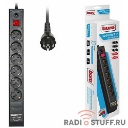 BURO Сетевой фильтр, 6 розеток, 5 метров, (BU-SP5_USB_2A-B), черный (коробка) {992320}