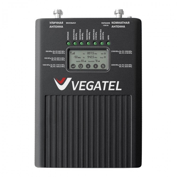 Репитер VEGATEL VT2-5B (LED) для усиления пятидиапазонного сигнала, 2G/GSM/EGSM/4G/LTE/3G/UMTS, усиление 70 дБ